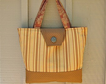 Rust and Brown Textured Striped Handbag with Quilting