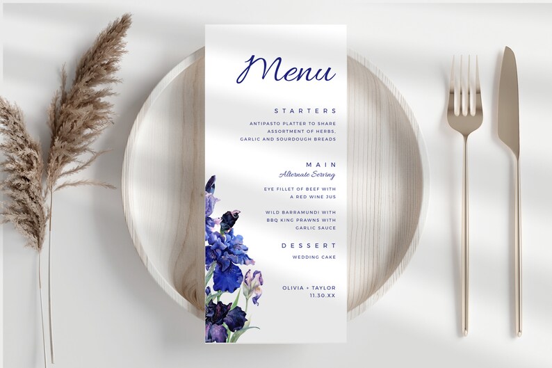 Assorted Menus Blue Floral Wedding Menu Template-dinner Menu 4x9-editable - Etsy