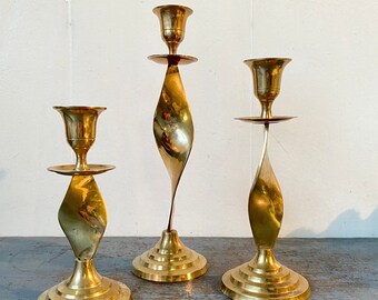 Vintage Brass Candlestick Holders - Twist Ribbon - Gold Metal Candlesticks - Wedding Tablescape - Mantle Holiday Decor - Set of 3