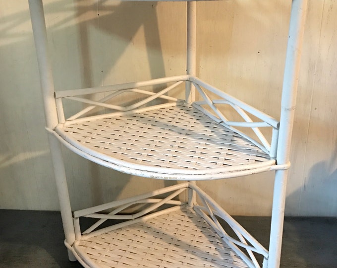 Vintage Wicker Corner Shelf White Rattan Three Level Shelf Etsy