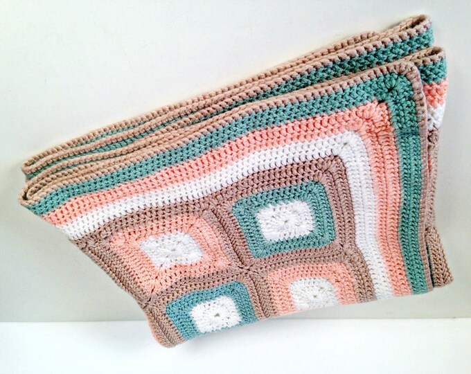 Vintage Handmade Crochet Afghan Blanket Peach Seafoam Mocha Etsy
