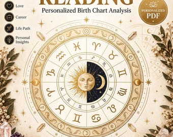 Könnte beinhalten: Ein beiges Dokument mit dem Titel NATAL CHART READING Personalized Birth Chart Analysis, das ein zentrales Tierkreisrad mit einem Sonnen- und Mondgesicht zeigt. Der Text umfasst Your Big Three, Love, Career, Life Path, Personal Insights und FOR REFLECTION & ENTERTAINMENT.