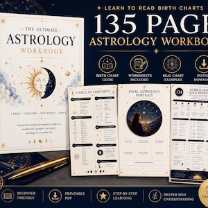 May include: A 135-page astrology workbook with a white cover featuring a sun and moon illustration. The set includes a table of contents, a final astrology portrait page, and an astrologer's quick reference guide, all displayed with gold accents.