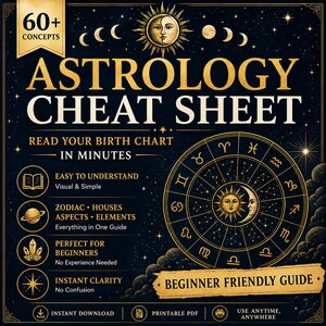 Astrology Cheat Sheet PDF – Beginner Guide to Birth Chart, Zodiac, Houses & Aspects (Printable A4)
