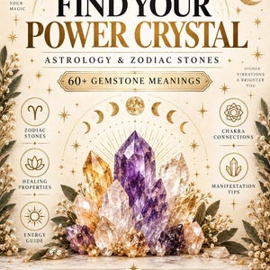 Può includere: Una copertina di libro intitolata Find Your Power Crystal Astrology & Zodiac Stones con 60+ Gemstone Meanings. Il design presenta un gruppo centrale di cristalli viola e dorati circondato da fasi lunari, stelle e illustrazioni botaniche.