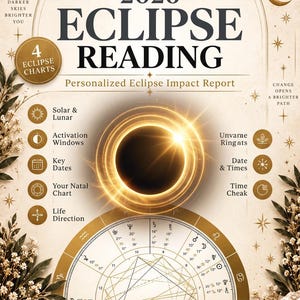 Op de afbeelding: Een gepersonaliseerd 2026 Eclipse Reading impactrapport met een centrale gloeiende zonsverduisteringsafbeelding, een cirkelvormige geboortehoroscoop en tekst over zonne- en maangebeurtenissen, activeringsvensters, data en levensrichting.