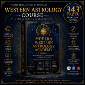 May include: A dark blue book titled Modern Western Astrology Academy Volume 1, 2026 Edition, featuring gold text and a sun icon. The cover displays text about a 343-page course, interactive PDF navigation, and digital compatibility for tablets.