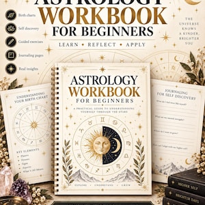 May include: A spiral-bound Astrology Workbook for Beginners featuring a sun and moon zodiac wheel on the cover. The book includes pages for understanding birth charts and journaling for self-discovery, with gold accents and celestial illustrations.