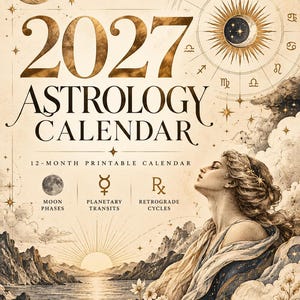 May include: A 2027 astrology calendar featuring the text Stranger Within Me, 12-Month Printable Calendar, Moon Phases, Planetary Transits, and Retrograde Cycles. The design includes a zodiac wheel, a crescent moon, and a person looking at the sky.