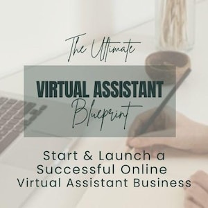 May include: A laptop computer, a notebook, and a pen are on a white desk. The text on the notebook reads "The Ultimate Virtual Assistant Blueprint Start & Launch a Successful Online Virtual Assistant Business WITH RESELL RIGHTS Mom's Gone Digital".