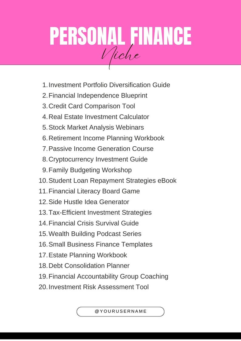 May include: A pink background with white text listing 20 personal finance niche ideas. The text includes "Investment Portfolio Diversification Guide", "Financial Independence Blueprint", "Credit Card Comparison Tool", "Real Estate Investment Calculator", "Stock Market Analysis Webinars", "Retirement Income Planning Workbook", "Passive Income Generation Course", "Cryptocurrency Investment Guide", "Family Budgeting Workshop", "Student Loan Repayment Strategies eBook", "Financial Literacy Board Game", "Side Hustle Idea Generator", "Tax-Efficient Investment Strategies", "Financial Crisis Survival Guide", "Wealth Building Podcast Series", "Small Business Finance Templates", "Estate Planning Workbook", "Debt Consolidation Planner", "Financial Accountability Group Coaching", and "Investment Risk Assessment Tool". The text also includes "@YOURUSERNAME".