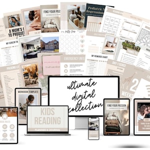 May include: A collection of digital printable resources for kids, including a kids reading planner and journal, a workbook template, a screen time chart, a packing list, a rewards chart, a day 1 scavenger hunt, a find your passion worksheet, a mandala coloring page, and an emergency info sheet. The resources are displayed on a computer screen, a laptop, and several tablets.