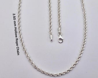 Handmade 925 Sterling Silver 2.5 mm Hollow Rope Chain Bracelet & Necklace, Thin Twisted Silver Chain for Women Men