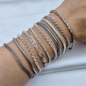 Unisex zilveren armband, 925 sterlingzilveren schakelarmbanden, zilveren vossenstaart, rolo, twist, platte slang, Spiga, Byzantijnse armband heren en dames