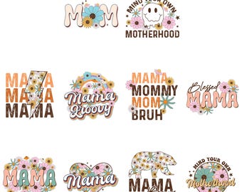 Retro Mom PNG Sublimation Bundle | 12 Boho Mom Clipart Designs | Vintage Mother&#39;s Day PNGs for Shirts, Mugs & Gifts