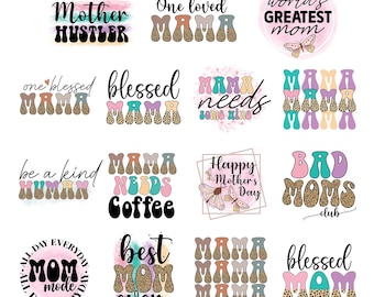 Boho Mom PNG Sublimation Bundle | 18 Retro Leopard Mom Quotes | Mother&#39;s Day Clipart for Shirts, Mugs, Cards | Digital Download