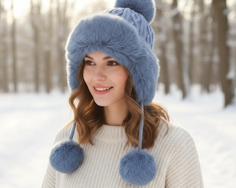 Brooklyn Bonnet Imperméable Femme - Bonnet Hiver Chaud Pompon Fausse Fourrure Doublure Polaire