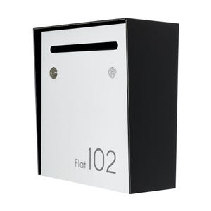 Small Minimalist Apartment Mailbox - Aluminium Black Body/White Door - Personalized Wall Mount Letterbox - Modern Post Box with House Number