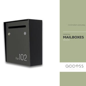 Small Minimalist Apartment Mailbox - Black Body/Metallic Gray Door - Personalized Wall Mounted Letterbox Modern Design Postbox House Number