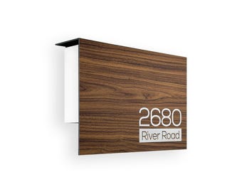 Buzón de aluminio minimalista elegante en nogal o blanco. Montaje en pared. Buzón moderno y elegante para el hogar y la oficina con personalización grabada.
