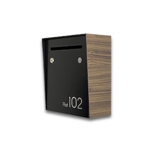 Small Minimalist Apartment Mailbox - Walnut Body/Black Door - Personalized Wall Mounted Letterbox