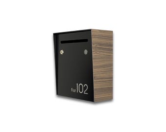 Buzón minimalista pequeño para apartamento - Cuerpo de nogal y puerta negra - Buzón de pared personalizado