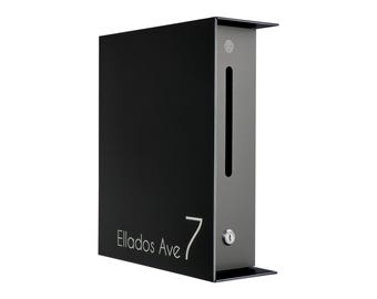 Minimalist Wall Mount Mailbox - Black Body / Metallic Gray Door - Personalized Letterbox with House Numbers