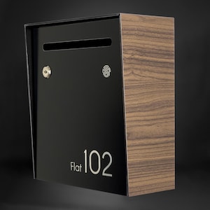 Small Minimalist Apartment Mailbox - Walnut Body/Black Door - Personalized Wall Mount Letterbox - Modern Design Postbox - House Number