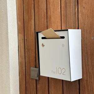 Small Wall Mount Minimalist Apartment Mailbox - White Aluminium Letterbox - Modern Design for Home and Office with Engraved Personalization