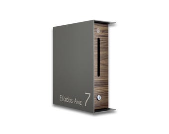Unique Minimalist Narrow Mailbox - Metallic Grey Body/Walnut Door - Personalized Postbox - Modern Letterbox