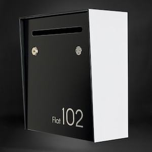 Small Minimalist Apartment Mailbox - White Body/Black Door - Personalized Wall Mount Letterbox - Modern Design Postbox - House Number