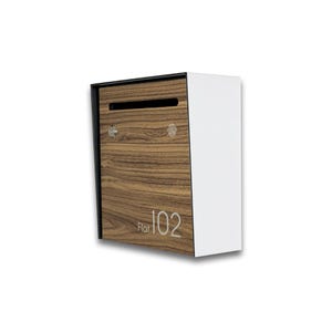 Small Minimalist Apartment Mailbox - White Body/Walnut Door - Personalized Wall Mounted Letterbox
