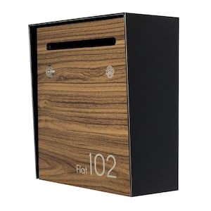 Small Minimalist Apartment Mailbox - Black Body/Walnut Door - Personalized Wall Mount Letterbox - Modern Design Postbox - House Number