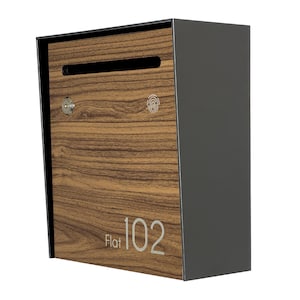 Small Minimalist Apartment Mailbox - Metallic Gray Body/Walnut Door - Personalized Wall Mount Letterbox - Modern Design Postbox House Number