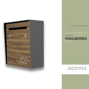Small Minimalist Apartment Mailbox - Metallic Gray Body/Walnut Door - Personalized Wall Mounted Letterbox Modern Design Postbox House Number