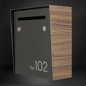 Small Minimalist Apartment Mailbox - Walnut Body/Metallic Gray Door - Personalized Wall Mount Letterbox - Modern Design Postbox House Number
