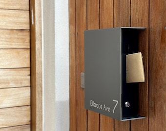 Minimalist Aluminum Wall Mount Mailbox - Aluminium Metallic Gray Body / Black Door - Personalized Letterbox
