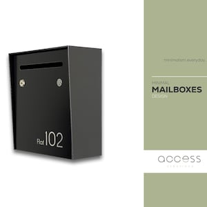 Small Minimalist Apartment Mailbox - Metallic Gray Body/Black Door - Personalized Wall Mounted Letterbox Modern Design Postbox House Number