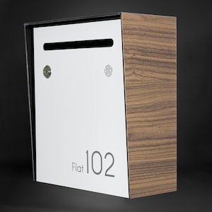 Small Minimalist Apartment Mailbox - Walnut Body/White Door - Personalized Wall Mount Letterbox - Modern Design Postbox - House Number