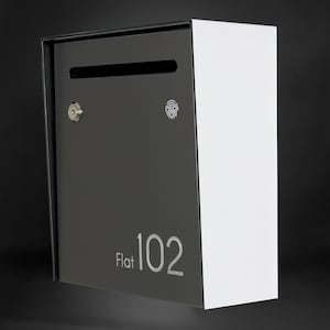 Small Minimalist Apartment Mailbox - White Body/Metallic Gray Door - Personalized Wall Mount Letterbox - Modern Design Postbox  House Number