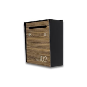 Modern Black & Walnut Wall Mount Mailbox – Personalized House Number - Small Minimalist Letterbox