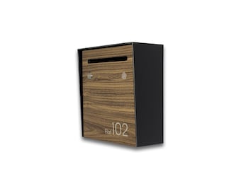 Buzón de pared moderno en negro y nogal con número de casa personalizado - Buzón minimalista pequeño