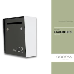 Small Minimalist Apartment Mailbox - White Body/Metallic Gray Door - Personalized Wall Mounted Letterbox Modern Design Postbox House Number