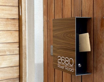 Minimalist Wall Mount Mailbox - Aluminium Walnut Body/Black Door - Personalized Narrow Letterbox - Home Address
