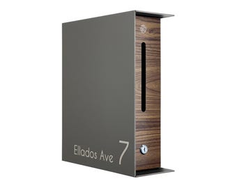 Minimalist Wall Mount Mailbox - Aluminium Metallic Gray Body/Walnut Door - Personalized Letterbox