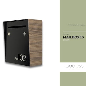 Small Minimalist Apartment Mailbox - Walnut Body/Black Door - Personalized Wall Mounted Letterbox - Modern Design Postbox - House Number