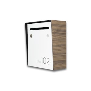 Small Minimalist Apartment Mailbox - Walnut Body/White Door - Personalized Wall Mounted Letterbox
