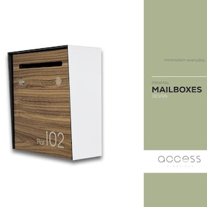 Small Minimalist Apartment Mailbox - White Body/Walnut Door - Personalized Wall Mounted Letterbox - Modern Design Postbox - House Number