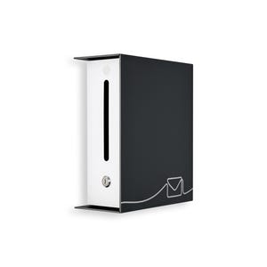 May include: A modern, wall-mounted mailbox with a sleek design. The mailbox features a black exterior with a white front panel. A stylized envelope graphic is on the side. The mailbox has a slot for mail and a small lock.