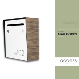 Small Minimalist Apartment Mailbox - Walnut Body/White Door - Personalized Wall Mounted Letterbox - Modern Design Postbox - House Number